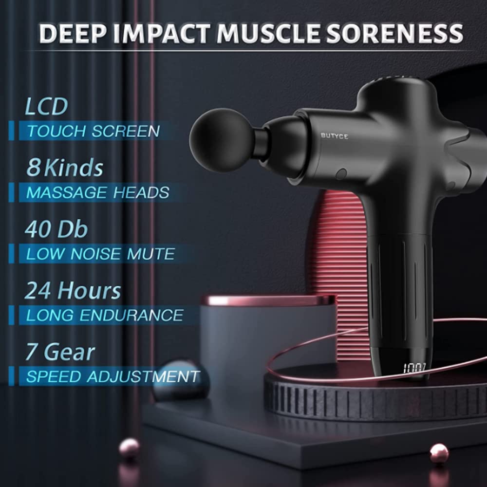 Pistola de masaje,portátil de mano con percusión tejido profundo de percusión muscular para atletas,silencioso para relajación profunda,con 8 cabezales de masaje/pantalla táctil LCD (plata)