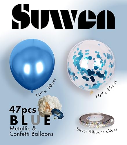Miniatura 5 de SUWEN Juego de globos azules metálicos y globos de confeti, 47 unidades, helio, cromo, globos azul real, para decoraciones de fiesta de graduación
