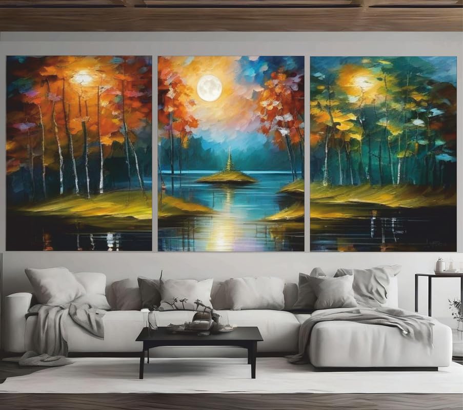 Poster lac en forêt la nuit : triptyque mural 3x A4 BensArt abstrait