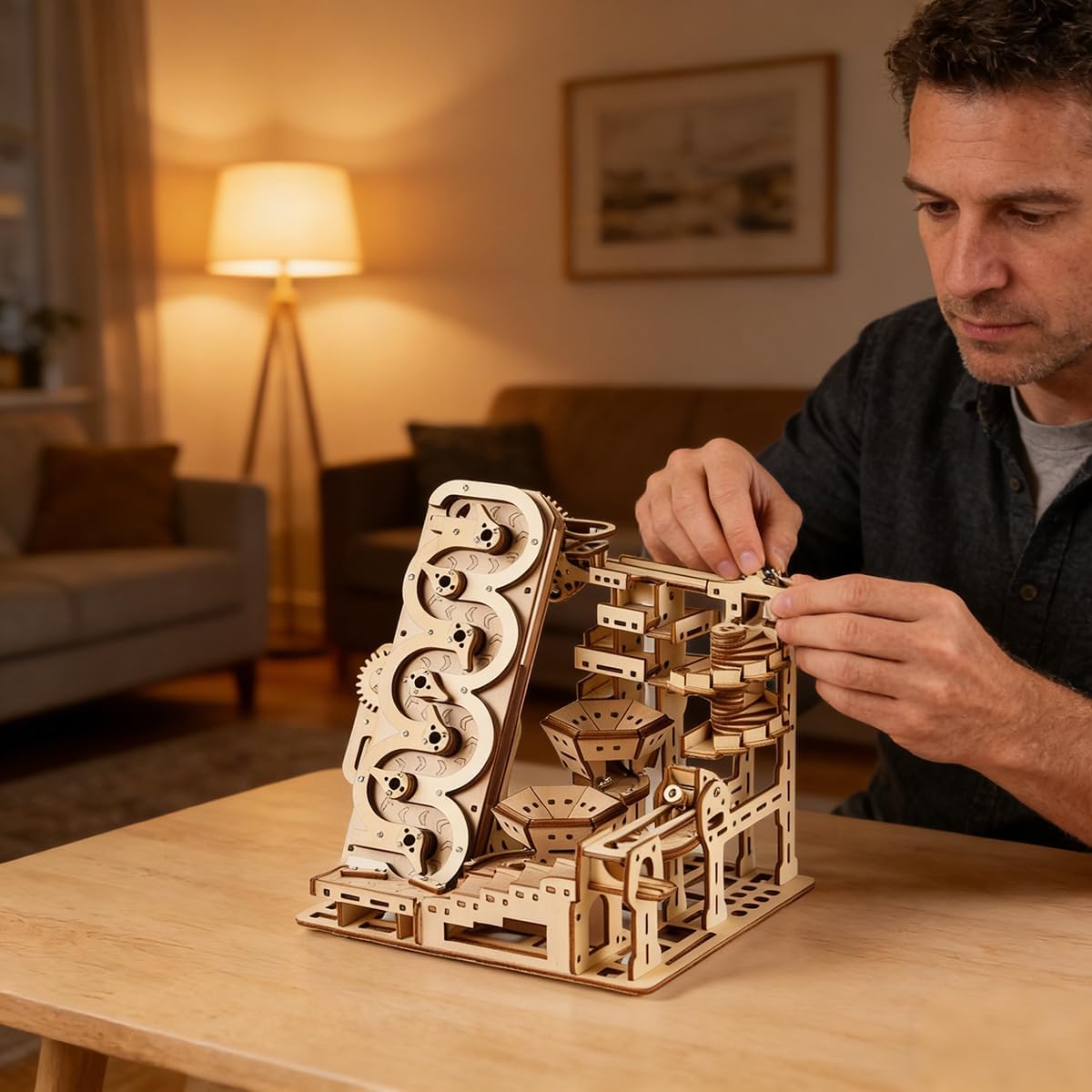 Adult 3D Wooden Marble Run Puzzle Kit, DIY Mechanical Model Construction Set, Educational STEM Puzzle Desktop Toy or Decorative Item for Teens Aged 14 and Up