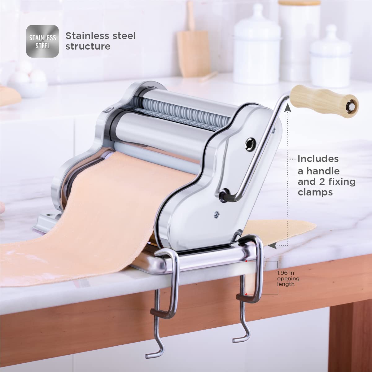 PASTALINDA Nudelmaschine Classic 260, 26 cm breite Walzen, 9 Stärkepositionen, 2 Schnittpositionen, Edelstahl Inklusive verstärkter Handkurbel und zwei Klemmen (Chrom)