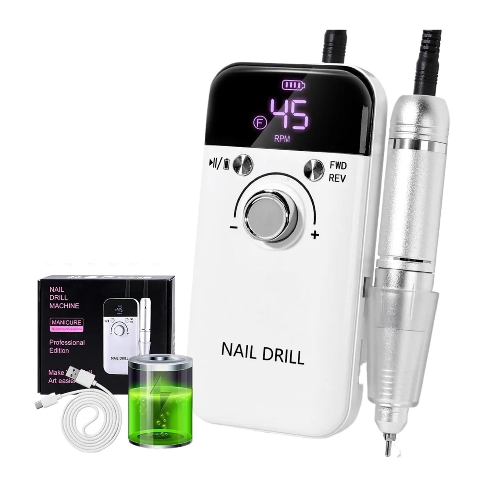 Kit Trapano per Unghie Senza Fili da 45000 Giri/min - 6 Punte Professionali e Nastri abrasivi, Ricaricabile Tramite USB con Display a LED, levigatrice per Manicure Portatile per Salone e casa (DMJ)