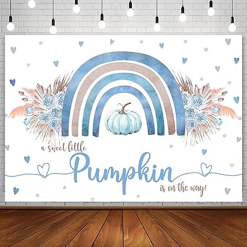Sendy Telón de fondo bohemio de calabaza azul de 7 x 5 pies para baby shower, otoño, A Little Pumpkin Boy is on The Way, suministros de decoración