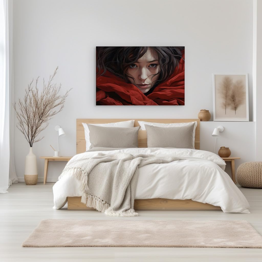 Canvas for Living room. Mystery in Her Gaze: Unveiling the Enigma in Red, 27 x 18 inch Canvas Wall Art - Contemporary Masterpieces - Modern Home Decor - 69x46 cm (27x18 inch)