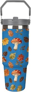 30 Oz Insulated Tumblers with Flip Straw Lid Top Handle Mushroom Leaves Pinecones Leakproof Reusable Vacuum Stainless Steel Travel Coffee Mug for Car