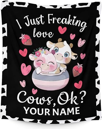 Personalized Cow Blanket Gifts with Name - 50"x60" Cute Throw for Women, Girls - Black Soft Fuzzy Blankets for Bed, Couch & Living Room