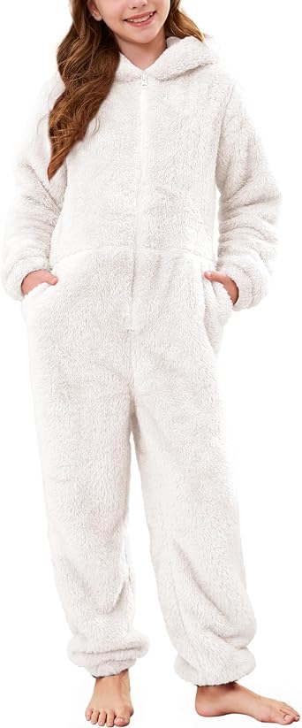 Flygo Girls Fleece Hooded Jumpsuit Fuzzy Winter Onesie Romper Costume