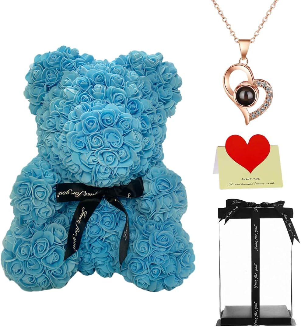 Blue Rose Teddy Bear in Clear Box - Big Artificial Flower Bear for Tiffany Room Decor, Romantic for Her, Handmade Light Blue Plush Floral Toy