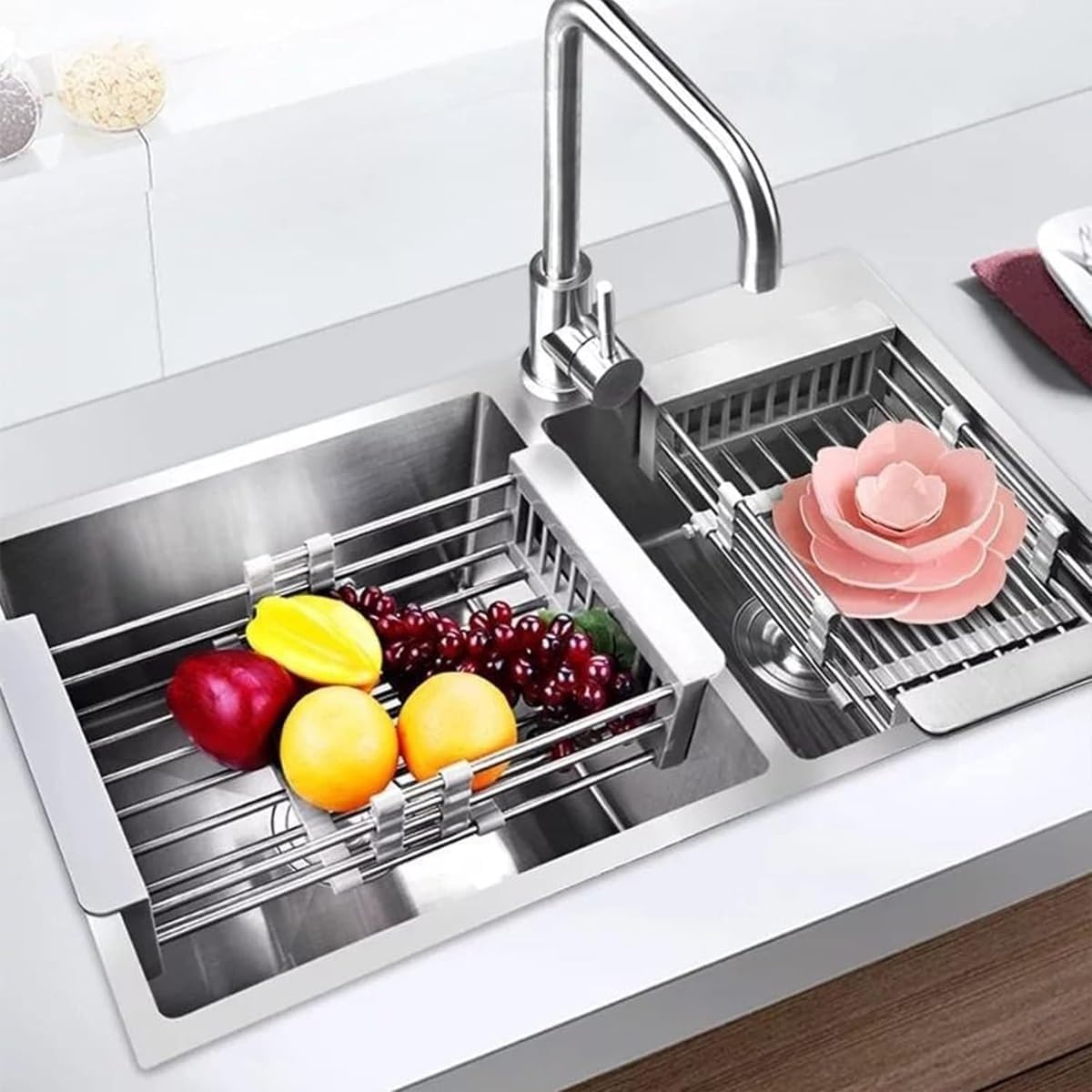 Cestello Espandibile Per Lavello In Acciaio Inox 304 – Colino, Scolapasta E Tappo Tutto In Uno, Salvaspazio E Multifunzione