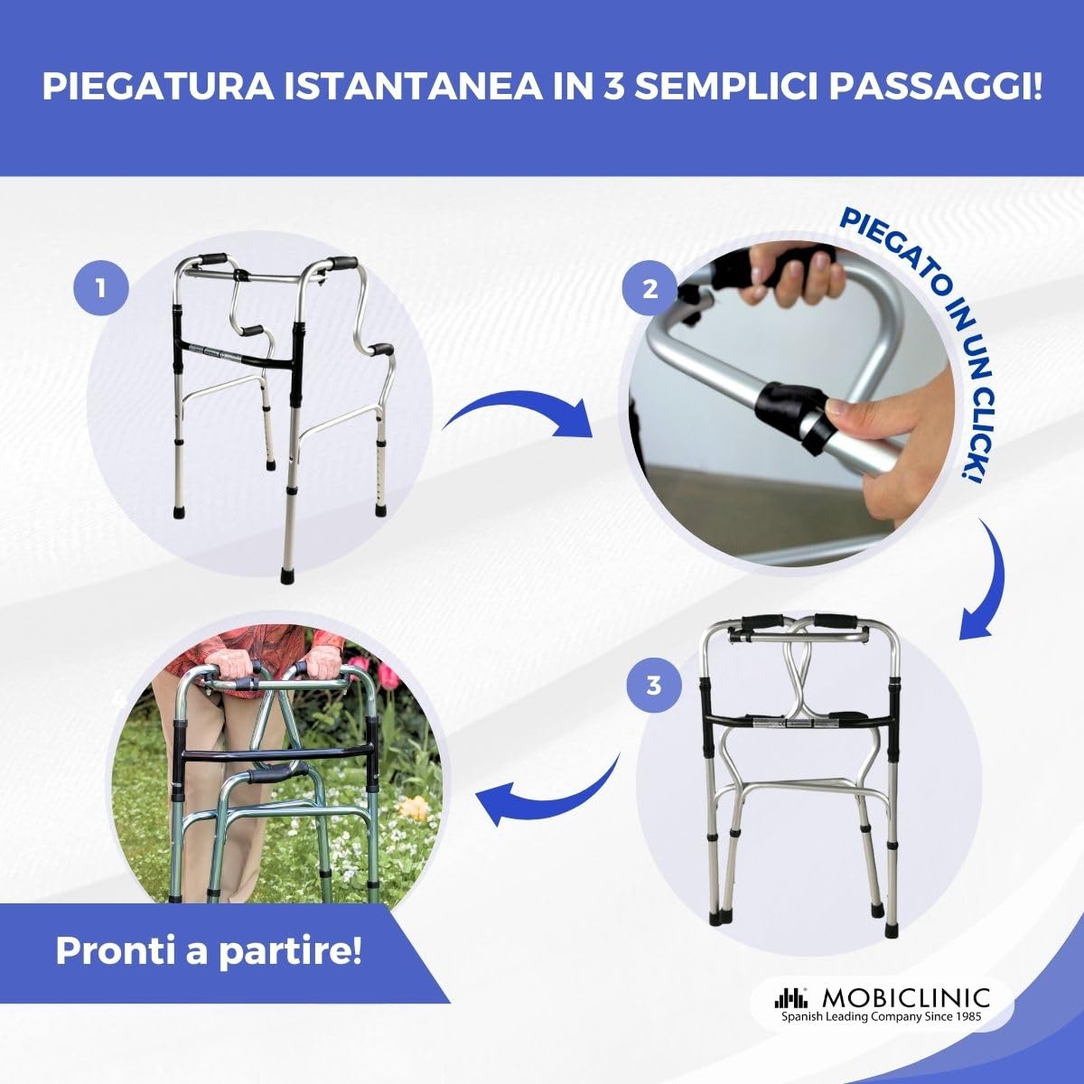 Mobiclinic®, Deambulatore per anziani, Pórtico, Marchio europeo, Girello adulti, Pieghevole e leggero, In alluminio, Senza ruote, Gommini antiscivolo