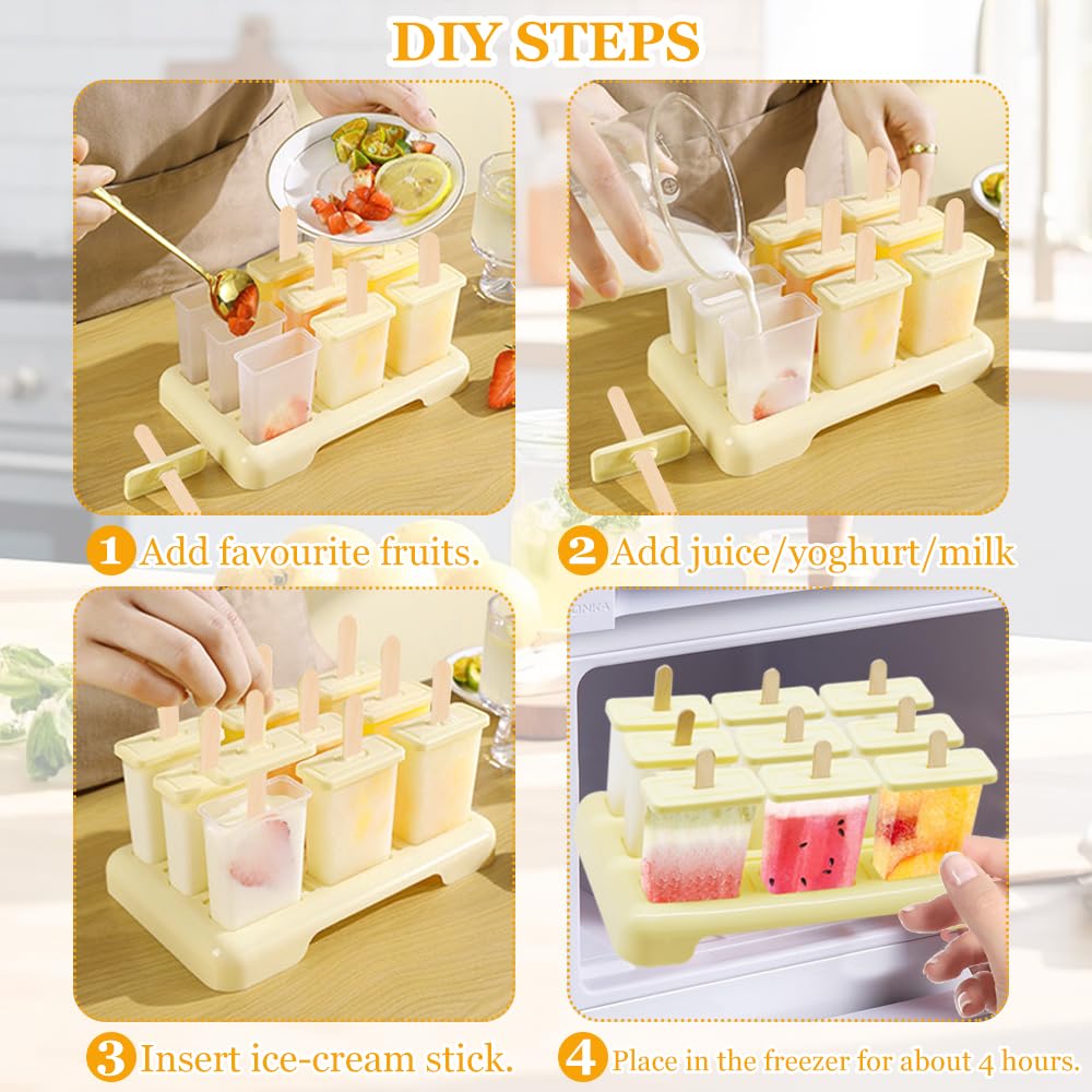 Stampi Per Ghiaccioli, Formine Ghiaccioli, 9 pezzi Stampo Ghiaccioli con Spazzola, Stampi per gelato creativi fatti in casa riutilizzabili, facili da sganciare, Beige