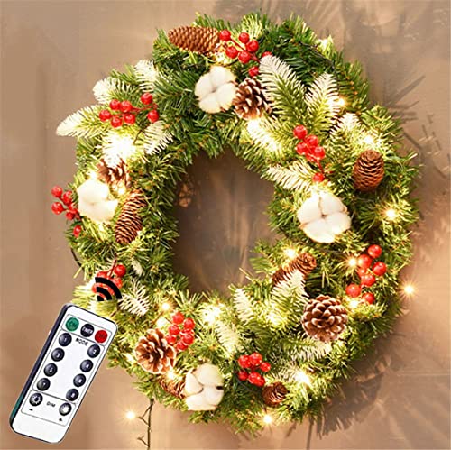 18 Inch Artificial Christmas Wreaths, Festival Wreath With Lights, Berry, Pine Cones, Remote Control Garland For Indoor And Outdoor Decoration