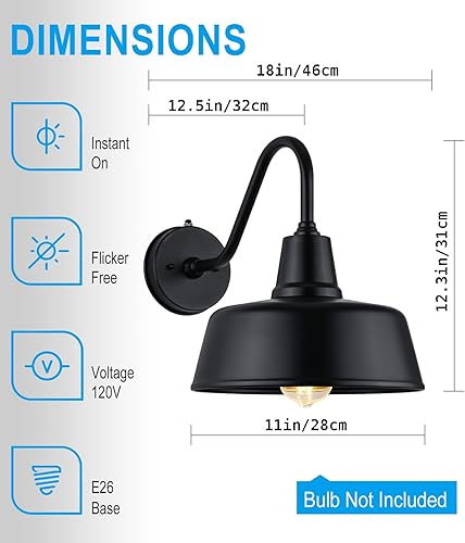 Miniatura 4 de JOESA 1 lámpara de exterior del atardecer al amanecer una luz grande y clásica de granero con acabado de arena negra y forma de cuello de cisne.
