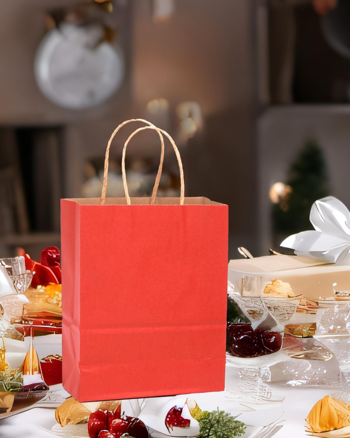 qiqee 100PCS Gift Bag with Handles Bulk Kraft Red Paper Bags Multiple Uses (8.3"x3"x6"inch Small Size) - Image 6