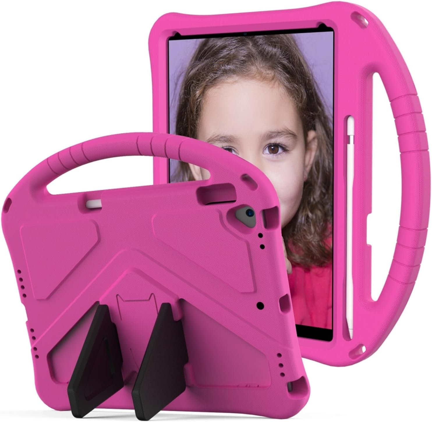Kids Case for iPad 9/8/7(10.2-Inch, 2021/2020/2019 Model, 9th/8th/7th Generation),with Kickstand Carrying Handle Stand Lightweight Heavy Duty Protective EVA Foam Shockproof Cover (Rose Red)
