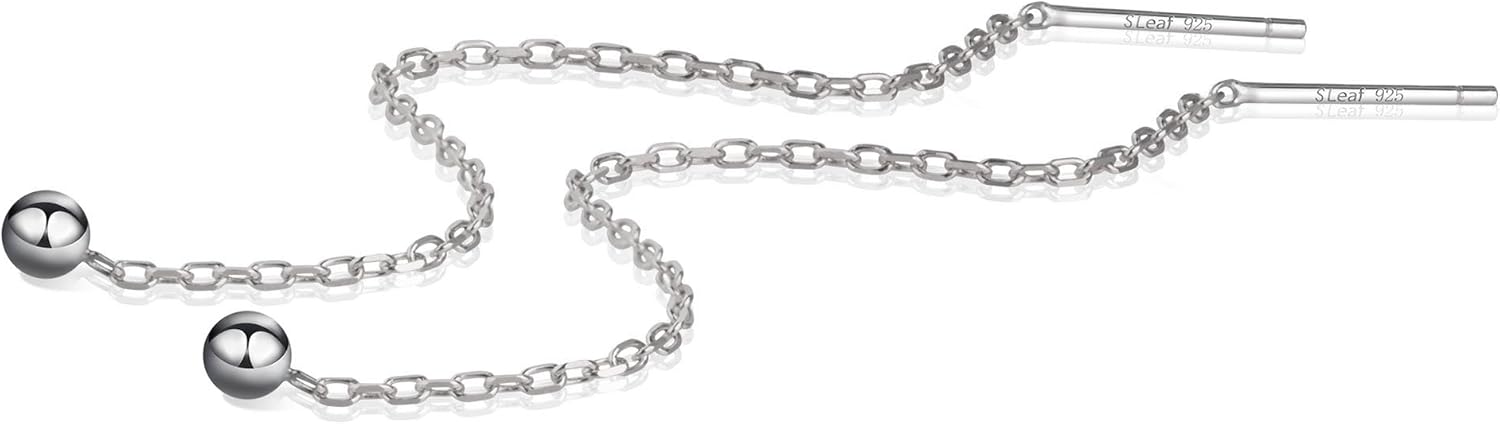 S.Leaf Threader Earrings for Women 925 Sterling Silver Gold Plated Hypoallergenic Backless Ardant Chain Duster Tassel Drop Double Piercing Pull Through Earrings for Women Trendy