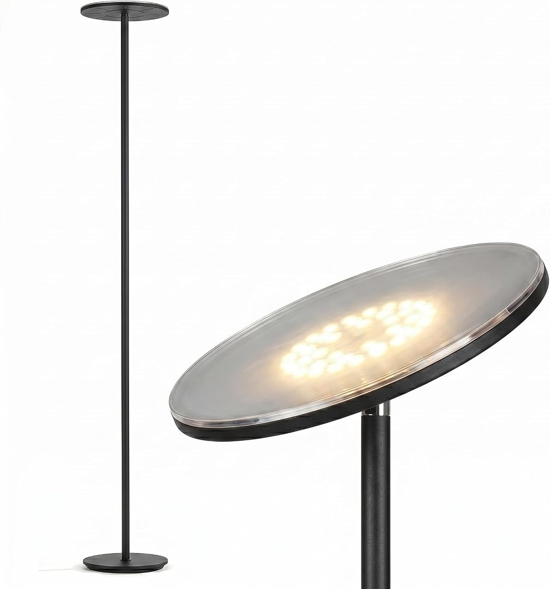 Lámpara de pie LED Sky, Torchiere Lámpara de pie súper brillante para decoración de sala de estar y oficina - Lámpara de antorcha alta regulable con luz cálida para dormitorio y lectura - Negro