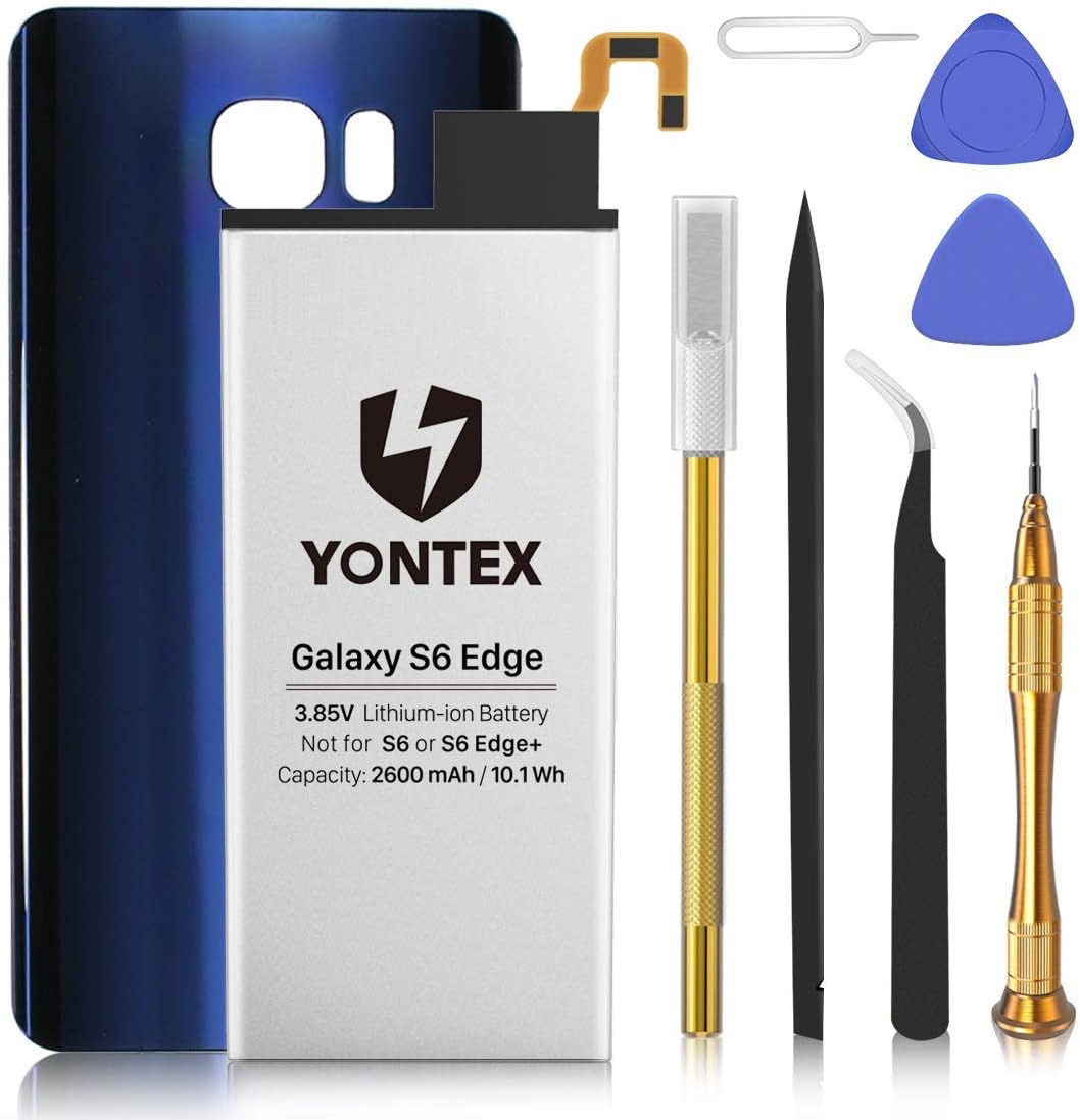 YONTEX Galaxy S6 Edge Battery with Back Glass Replacement (Blue) and Repair Tool Kit, 2600mAh 0 Cycle Battery Replacement for Samsung Galaxy S6e - 24-Month Warranty
