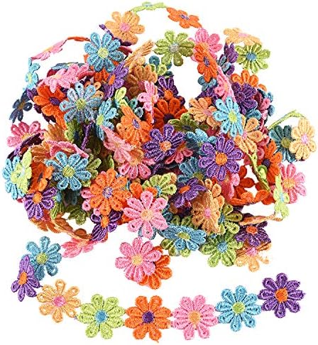 5 Yards Colorful Daisy Flower Lace Trim Ribbon Rainbow Sewing Craft Lace Embroidered Applique Vintage Edging Trimmings Fabric for DIY Sewing