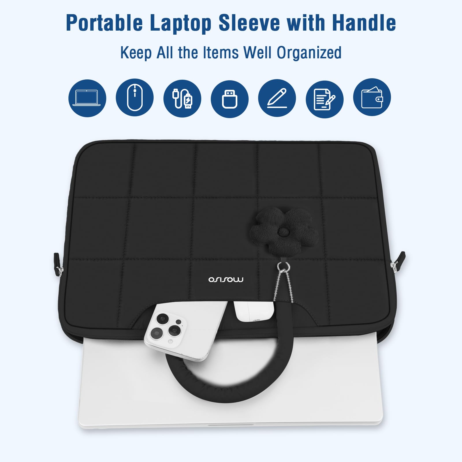 MOSISO Funda Portátil 13-14 Pulgadas, 13,3 Pulgadas Laptop Bolsa Compatible con MacBook Neo/Air 13 13,6/ Pro 13/14,HP, Rectángulo Acolchado Bolsa Ordenador con Asa y Colgante Flores,Negro