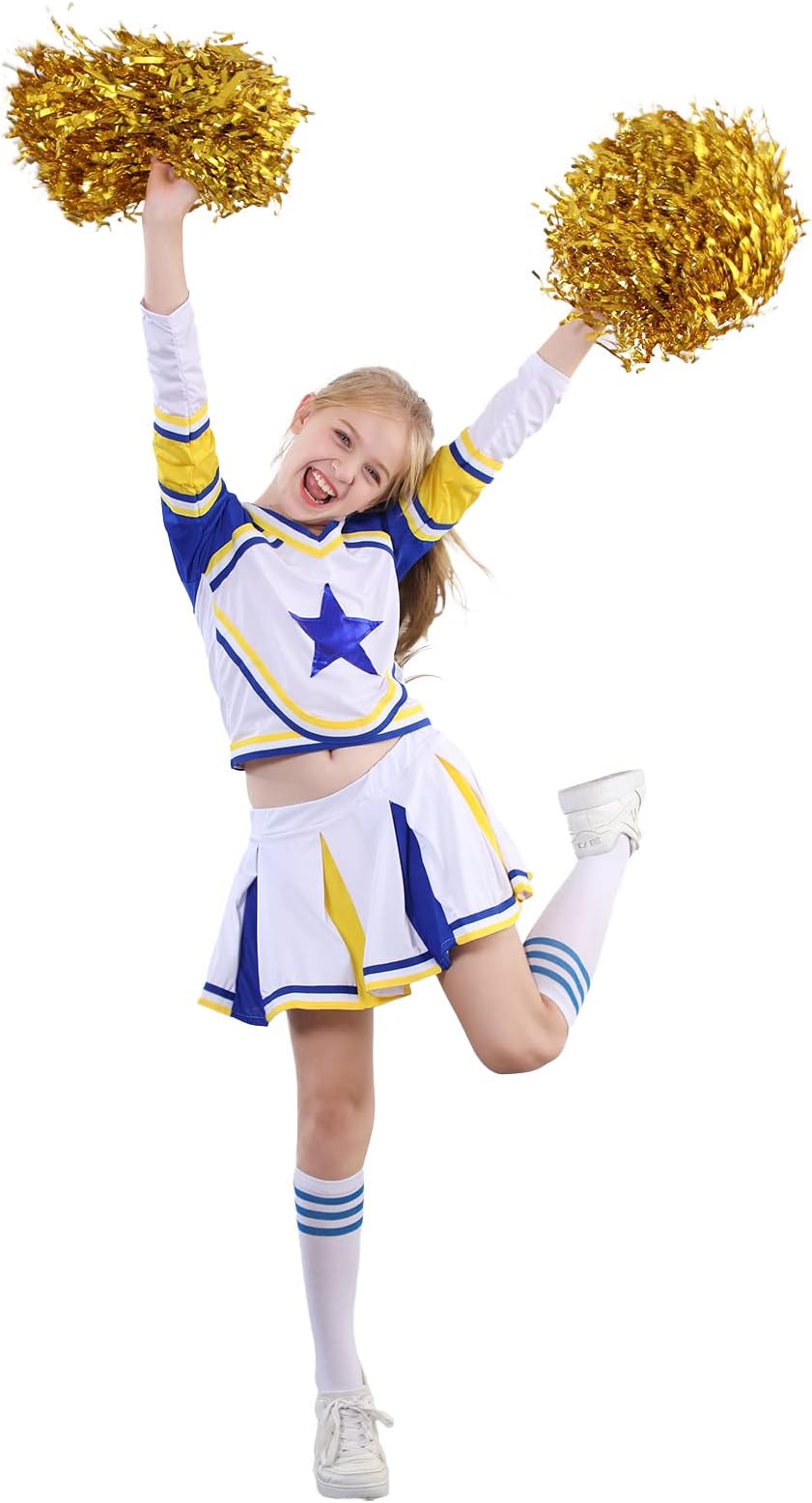 LOLANTA Girls Cheerleading Costume Kids School Cheerleader Outfit Attach Poms & Socks, 5-12 Years