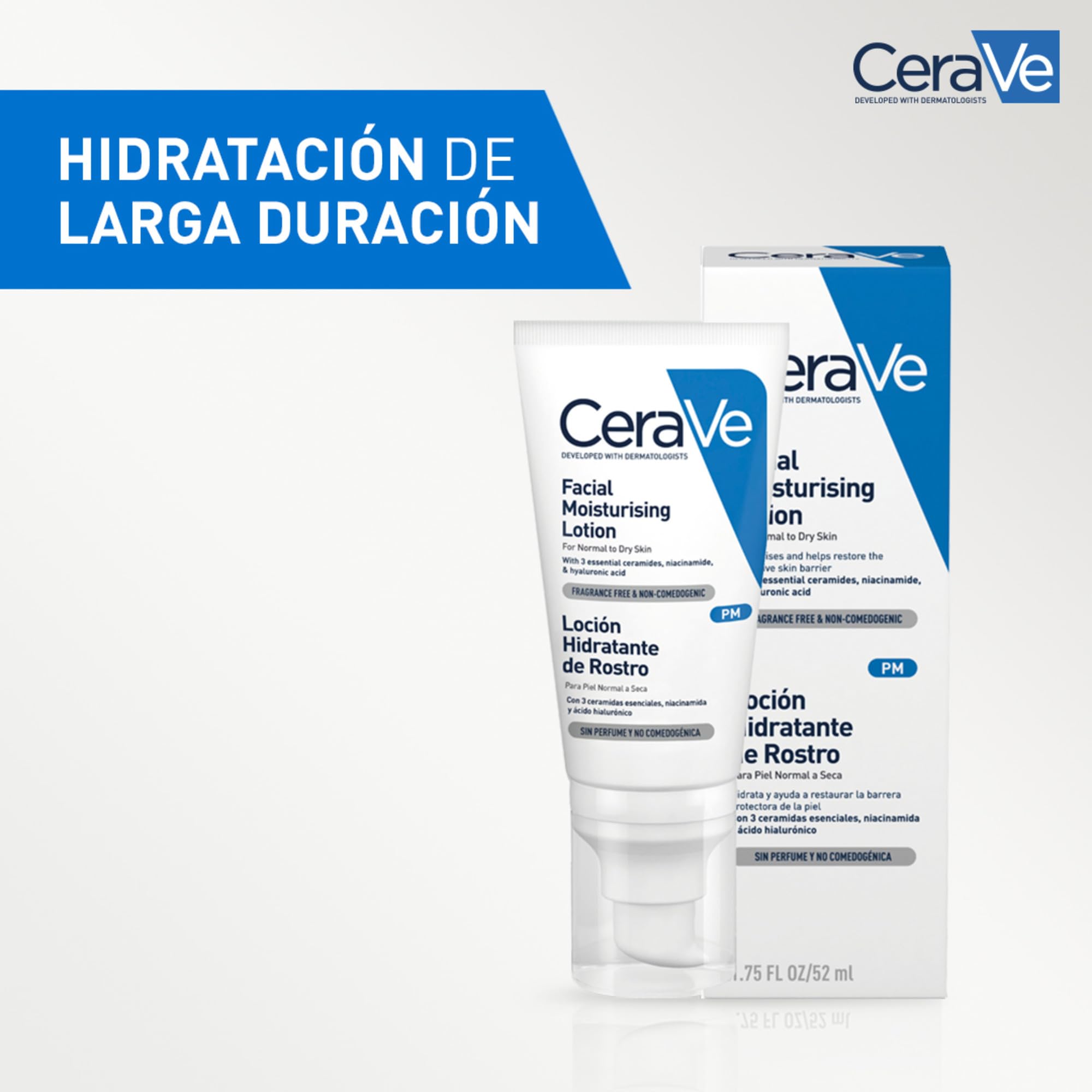 The CeraVe PM Facial Moisturizing Lotion pump bottle, highlighting its convenient dispenser mechanism.