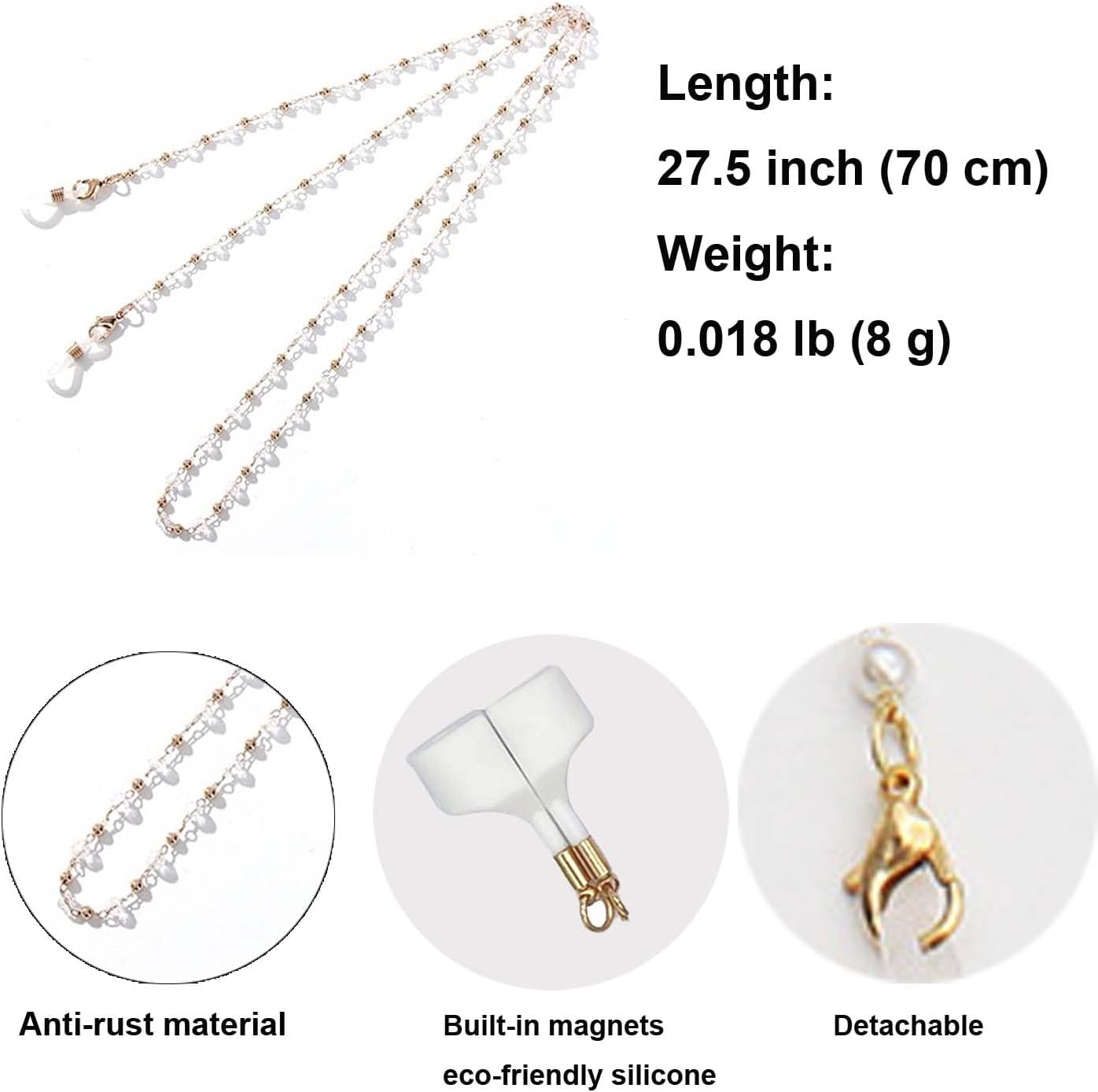 Magnetic Anti-Lost Strap Holder Compatible with Airpods Pro 3 2 1, Leash Gold White Pearl Chain Necklace Gifts for Women Lady Girl Length: 27.5”