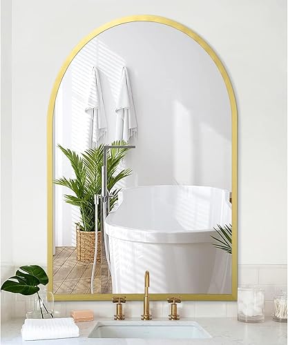 Miniatura 180 de Espejo de pared arqueado negro con marco de aleación de aluminio, espejo de baño de metal cepillado, espejo montado en la pared para sala de estar