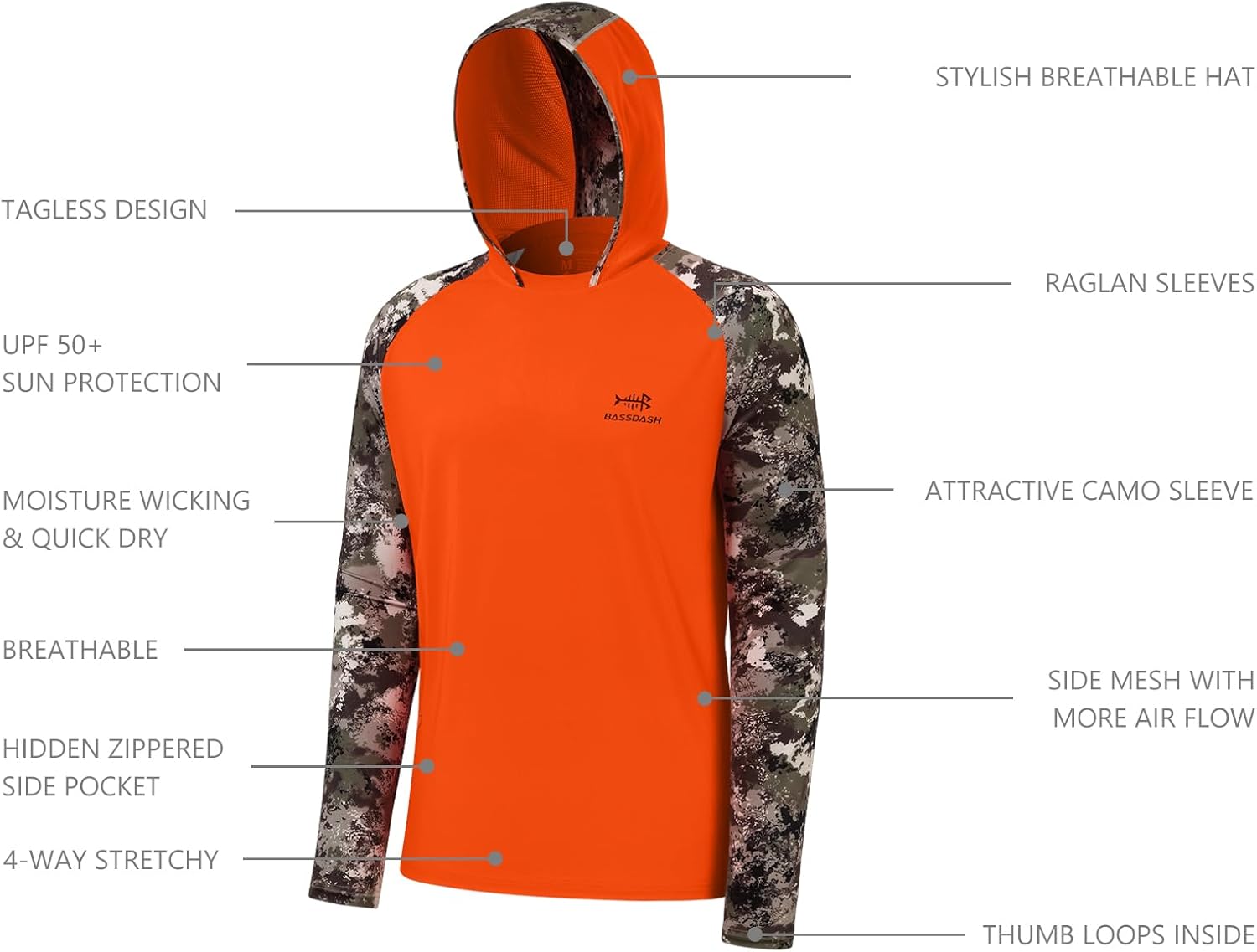 BASSDASH Men’s UPF 50 Performance Fishing Shirt Cooling Hoodie Camo Long Sleeve FS17M - Image 4