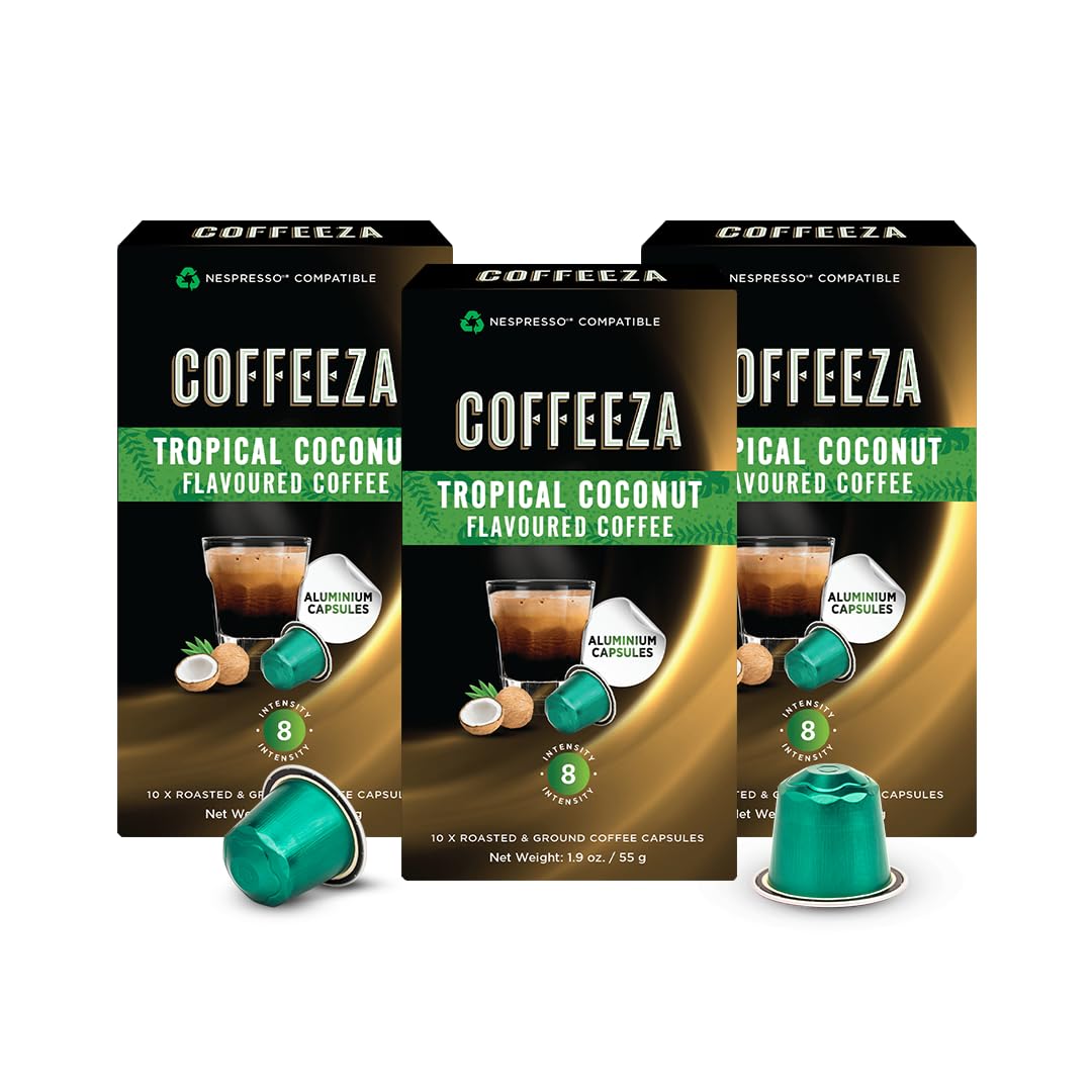 Coffeeza Tropical Coconut Flavored Nespresso Pods | Intensity – 8, 100% Arabica Aluminium espresso coffee pods, 3 Pack - 30 Flavored Nespresso Pods ( Compatible with Nespresso OriginalLine Machines only)
