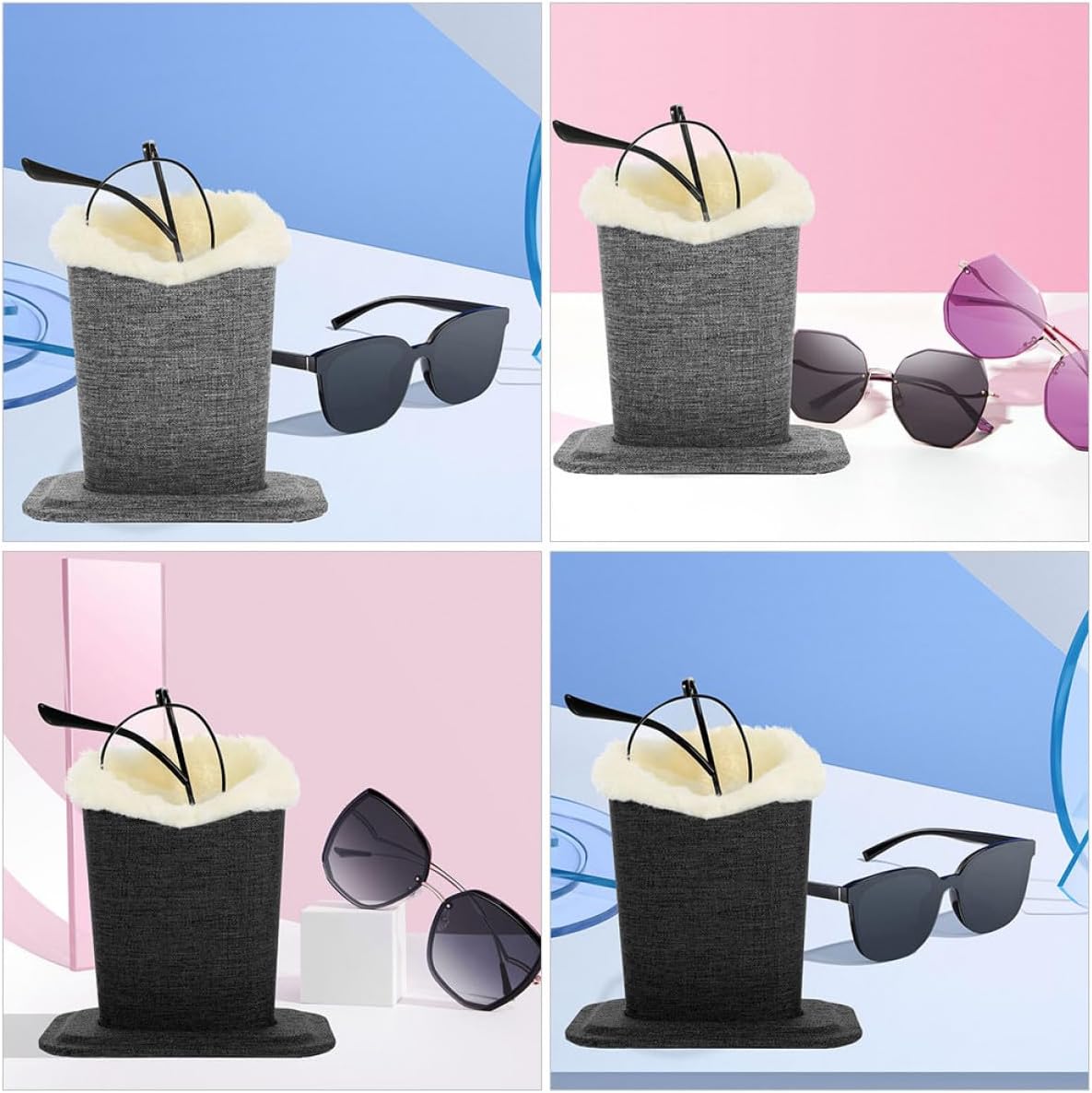2pcs Linen Fabric Eye Glasses Stand, Plush Sunglasses Display Holder with Supple Eyeglasses Base for Desk and Nightstand Organization, Black Gray Eyewear Storage Set