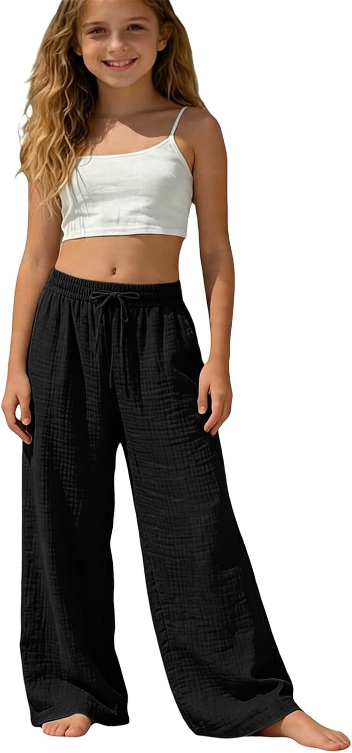 Kids Girls Paper Bag Wide Leg Pants Fashion High Waisted Elastic Waist Trousers with Pockets 7 to 14 Years