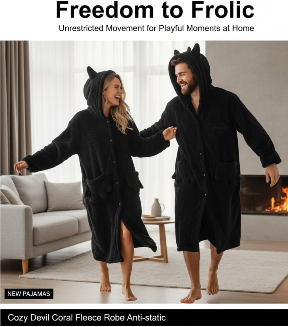 Nightgowns for Women Coral Fleece Hooded Pajamas for Couples Unisex Devil Horn Jumpsuit Soft Cosplay Sleepwearfor Gift