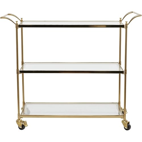 Deco 79 Metal Rolling 3 Glass Shelves Bar Cart with Lockable Wheels, 38" x 14" x 31", Brass