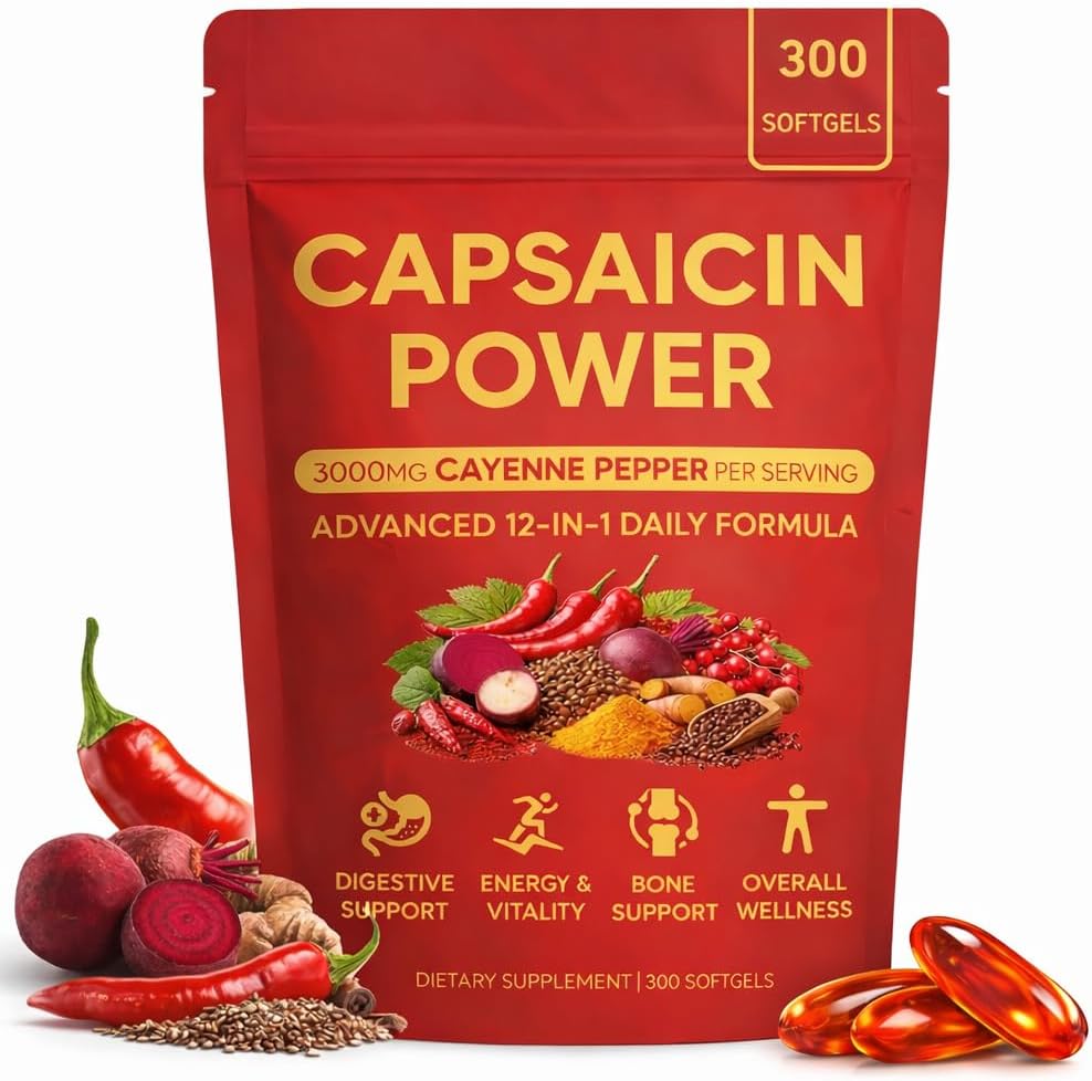Capsaicin Power, Cayenne Pepper Supplements Softgels & Capsaicins Capsules, Capsaicin Supplement with Vitamin E, D3 & K2, Grape Seed, Beetroot & Turmeric Extract, 300 Softgels