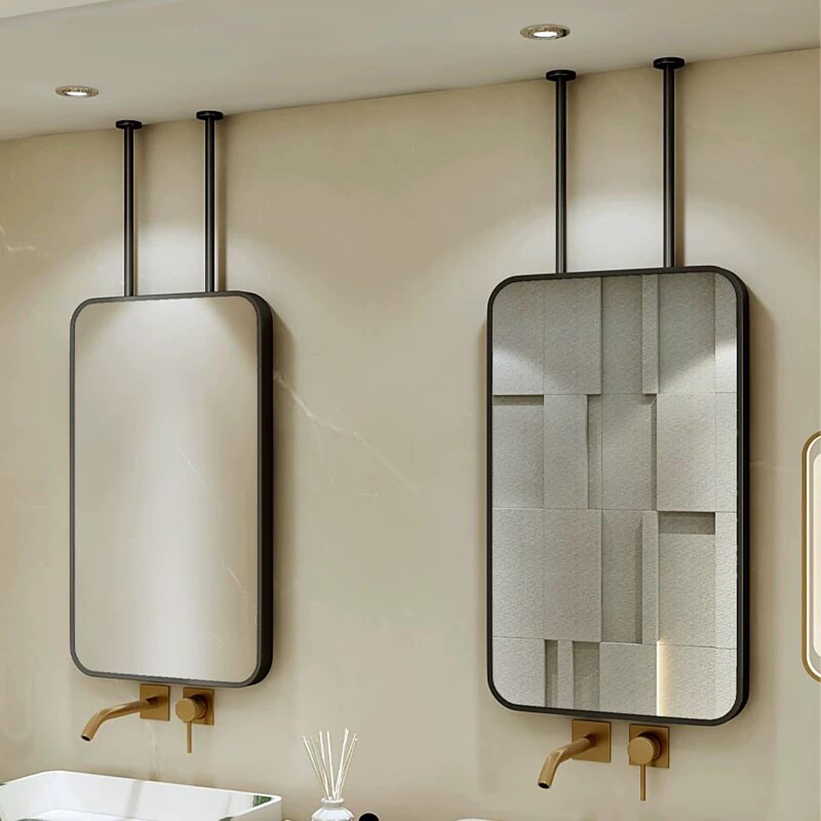 Black Recle metalowe wiszące lustro sufitowe - 60 x 90 cm zawieszone lustro łazienkowe do makijażu z podwójnymi prętami do wystroju przedpokoju i hotelu