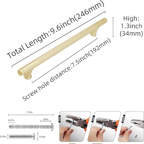 Miniatura 2 de BUKOBYHE Paquete de 10 manijas de gabinete de cocina de 7.5 pulgadas de latón cepillado moleteado para gabinetes, tiradores dorados para cajones,