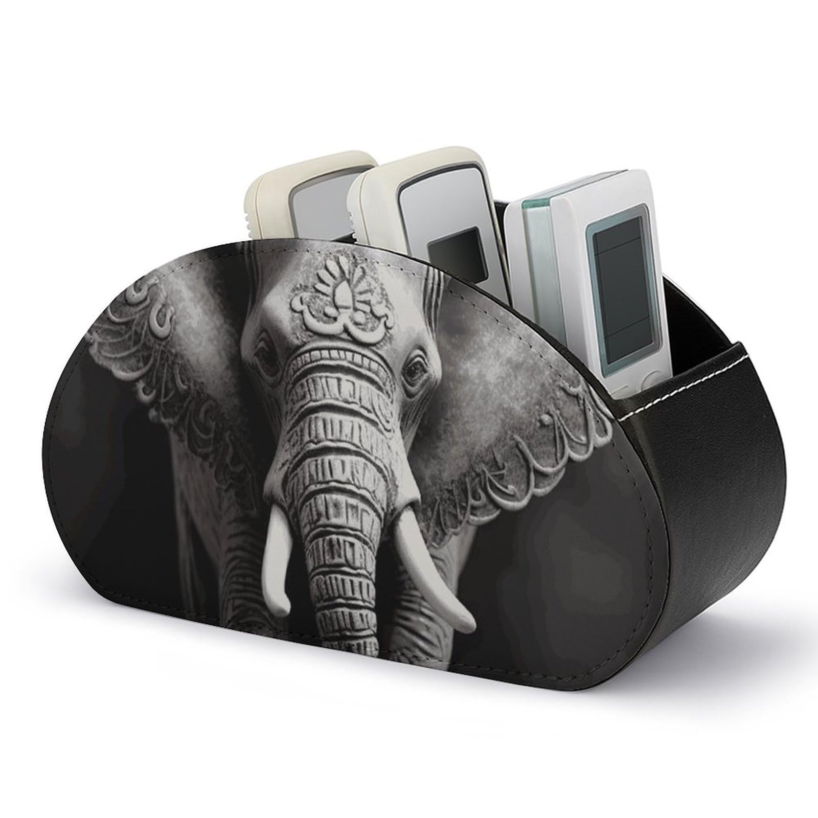 JTREHY Gray Elephant Remote Control Holder with 5 Compartments Pu Leather Remote Caddy Box Multi-functional Deskt Holders Organizer Box Tray Bedside Table Storage Organizer