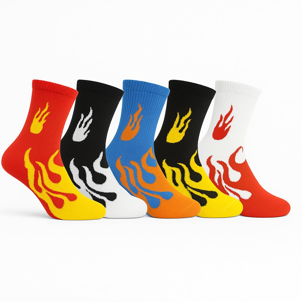 Unisex Premium Cotton Crew Socks Pack of 5 | Trendy Flame Graphic Design | Cushioned Breathable Stretch Socks | Casual, Sports & Sneaker Wear | Free Size (UK 6-10) | Multicolor-picture-24