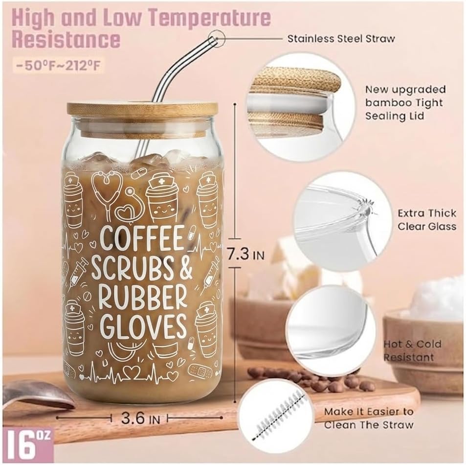 Funny Nurse Gifts for Women, 16oz Glass Tumbler with Bamboo Lid for RN LPN