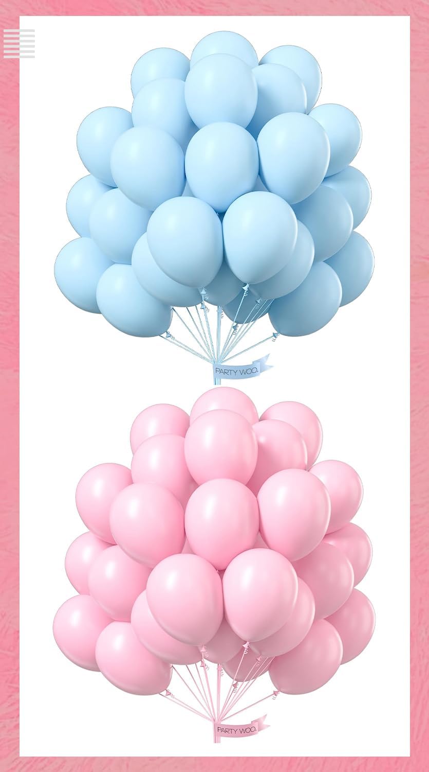 PartyWoo Light Pink and Light Blue Balloons 100 pcs 12 Inch Baby Pastel Pale Pink and Blue Balloons for Wedding Baby Shower Gender Reveal Graduation Birthday Party Decorations Pink-Q05 and Blue-Q13