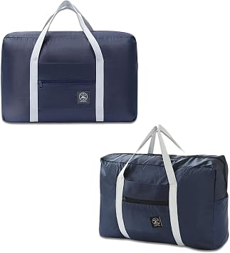 2 Pack Foldable Travel Duffel Bag with Trolley Sleeve, Lightweight Collapsible Luggage Bags for Traveling, Folding Over Night Bag, Carry on Weekender Bags for Women Men Clearance Navy Blue