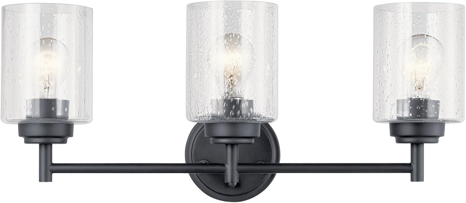 Kichler Winslow 21.5 Vanity Light in Black with Clear Seeded Glass, 3-Light Modern Bathroom Lighting Fixture, 45886BK