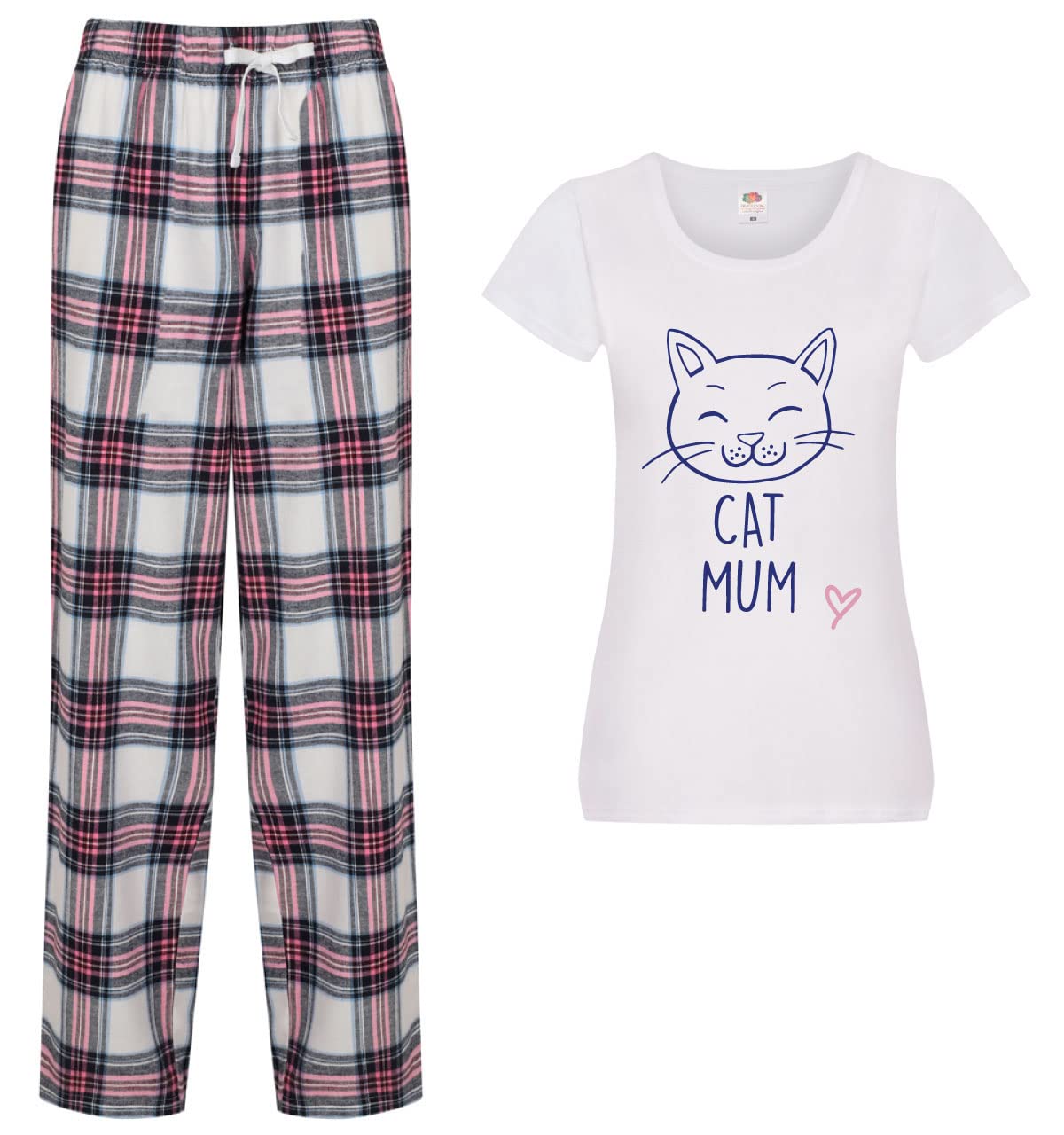 Ladies Tartan Pyjama Bottoms - Cat Mum - Pink - M
