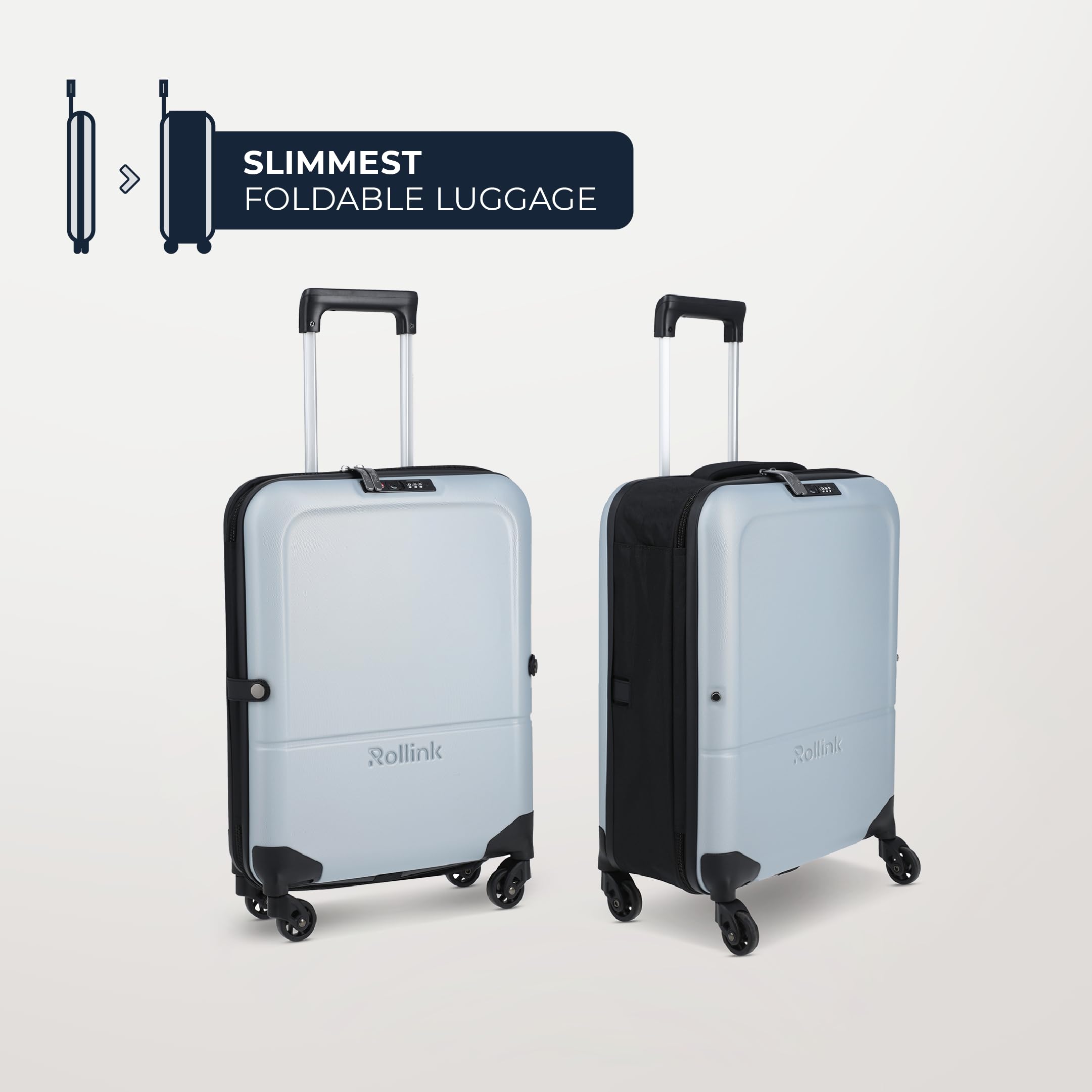 Rollink Flex Light - Maleta plegable (75% de ahorro de espacio), ultraligera (solo 2,45 kg), 4 ruedas, 55 x 40 x 20 cm, ideal para viajes y viajes de negocios, plata, Carry-On, Estuche rígido
