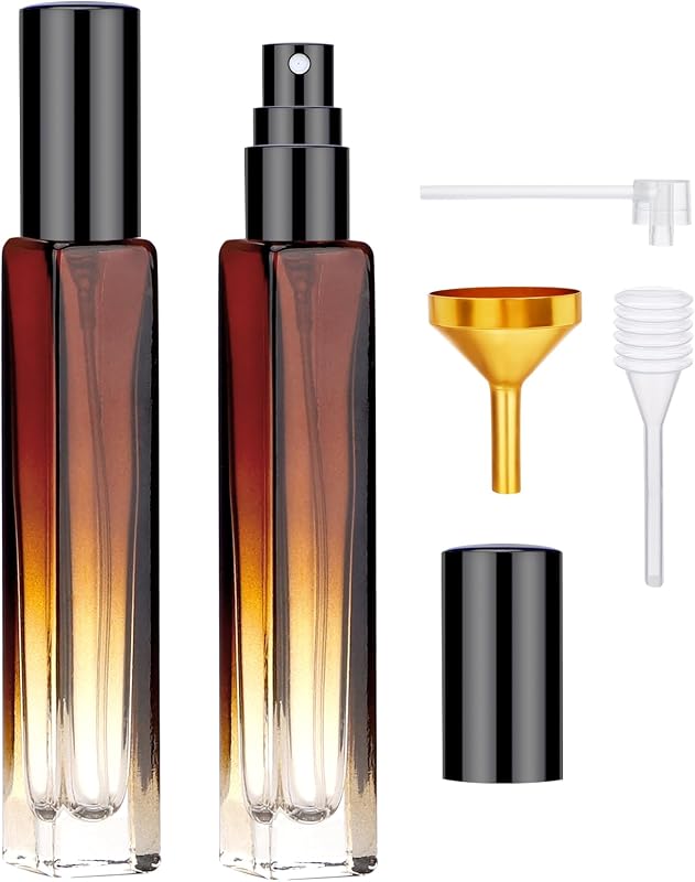 Segbeauty Frascos spray recarregáveis de vidro âmbar, 10 mL, com funil, conta-gotas e bomba, pacote com 2