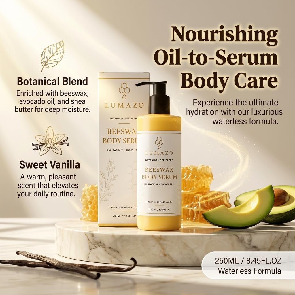 Beeswax Body Serum, Waterless Body Oil Moisturizer with Avocado Oil, Castor Oil & Shea Butter, Lightweight Formula for Soft, Radiant-Looking Skin (2PCS)