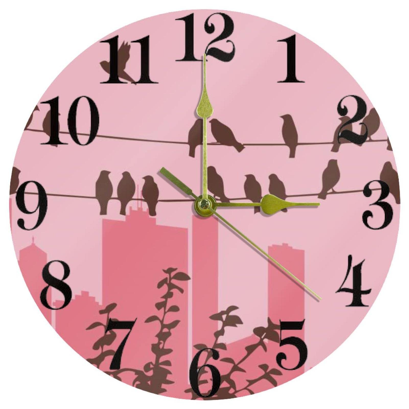 Horloge murale ronde à quartz 25,4 cm silencieuse avec décoration oiseau pour salon