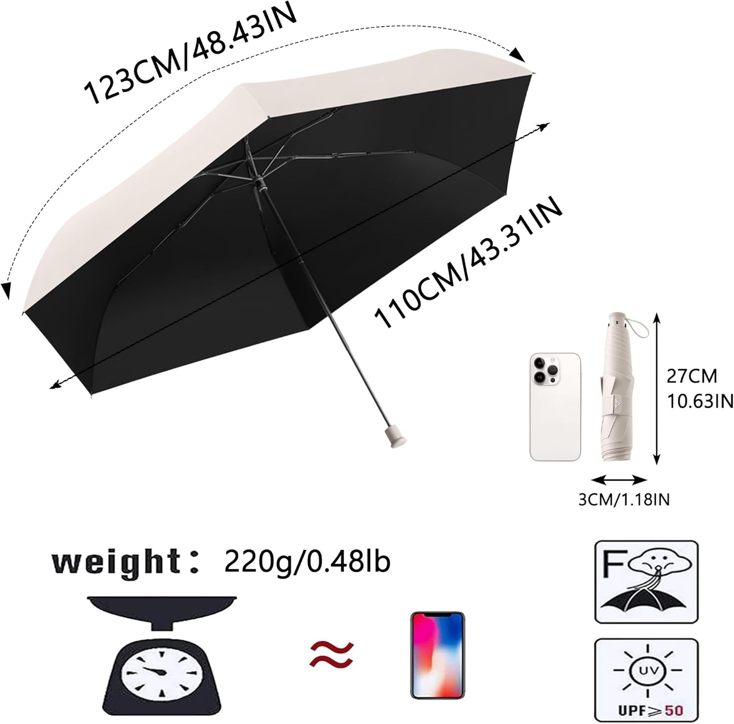 Travel Folding Extra-Large Carbon Umbrella,Ultra-Lightweight/Thin,Compact,Portable,110cm Large Canopy,3cm Wide Umbrella Strap,Teflon Coating,Anti UV,UPF50+,Sun/Rain,6Ribs,Men/Women/Kids,Backpack/Car