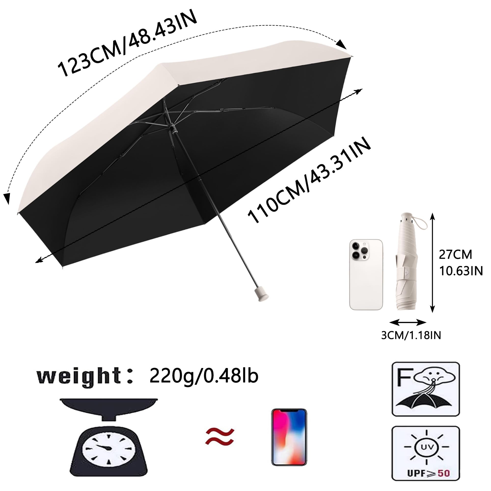 Ultra-Ligero/Delgado Paraguas Plegable Extragrande de Viaje, Compacto,Portátil,Anti-UV UPF50+,Sole/LLuvia,Toldo de 110cm, Cinturón de Paraguas Ancho 3cm,6 Varillas,Hombres/Mujeres/Niños,Mochila/Coche